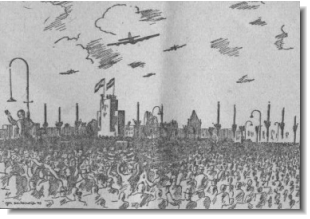 American bombers flying over Amsterdam while liberated people celebrate their freedom in the streets